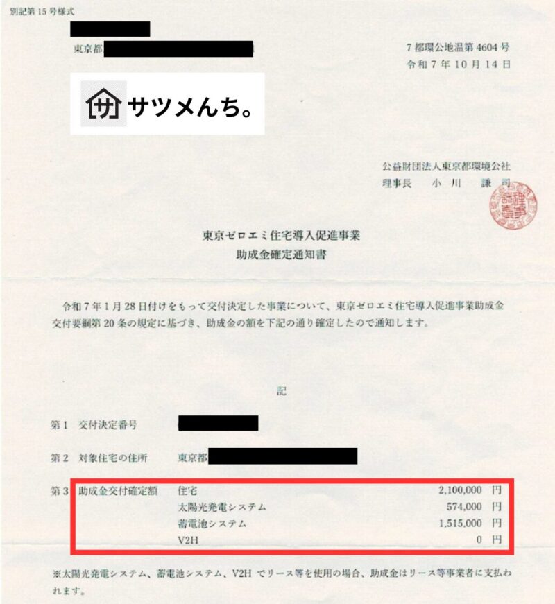 東京ゼロエミ助成金確定通知書